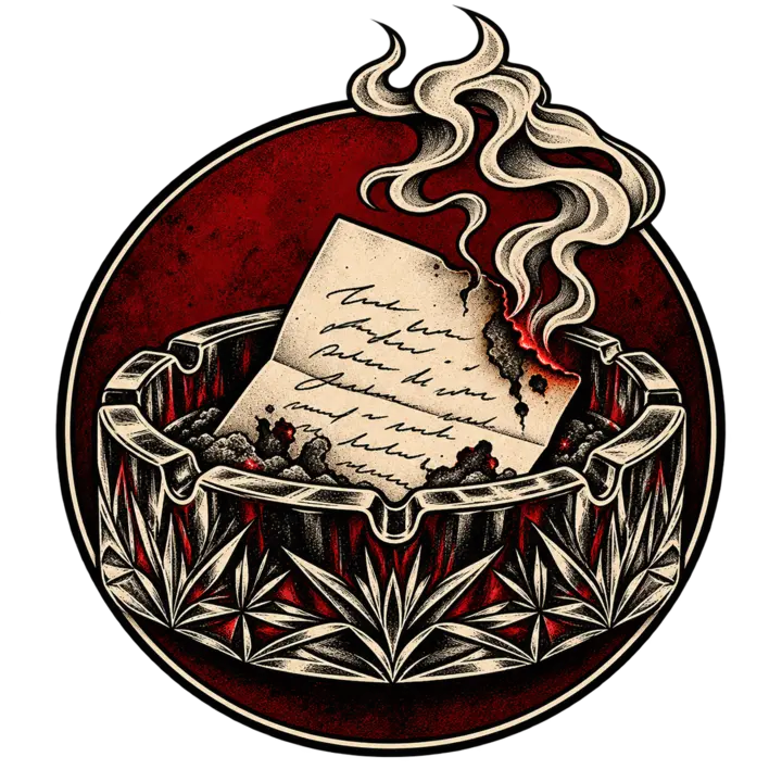 Burning letter in an ashtray tattoo emblem