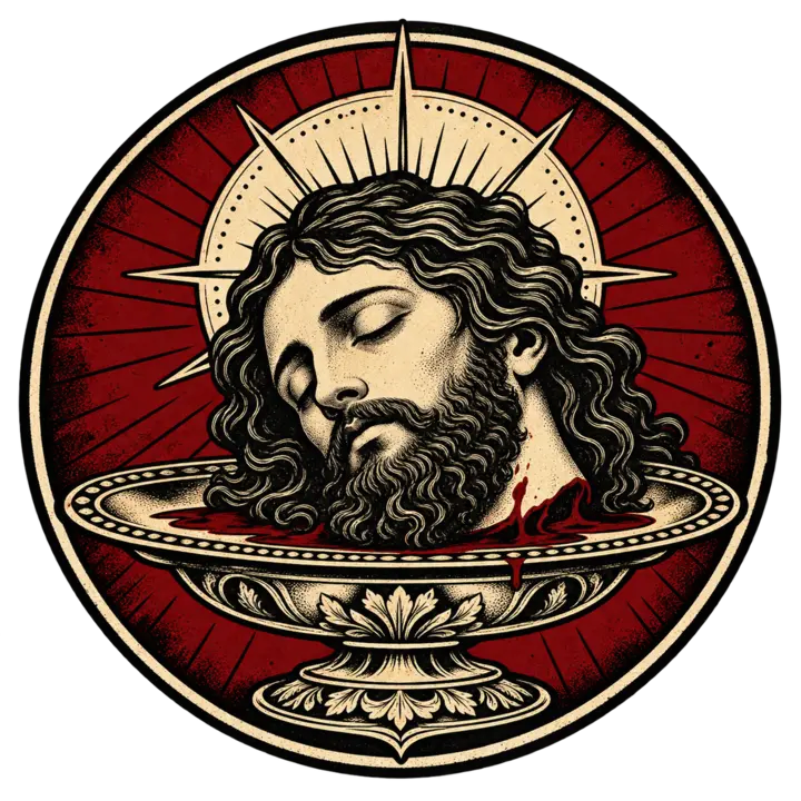 Head of Saint John the Baptist on a platter tattoo emblem